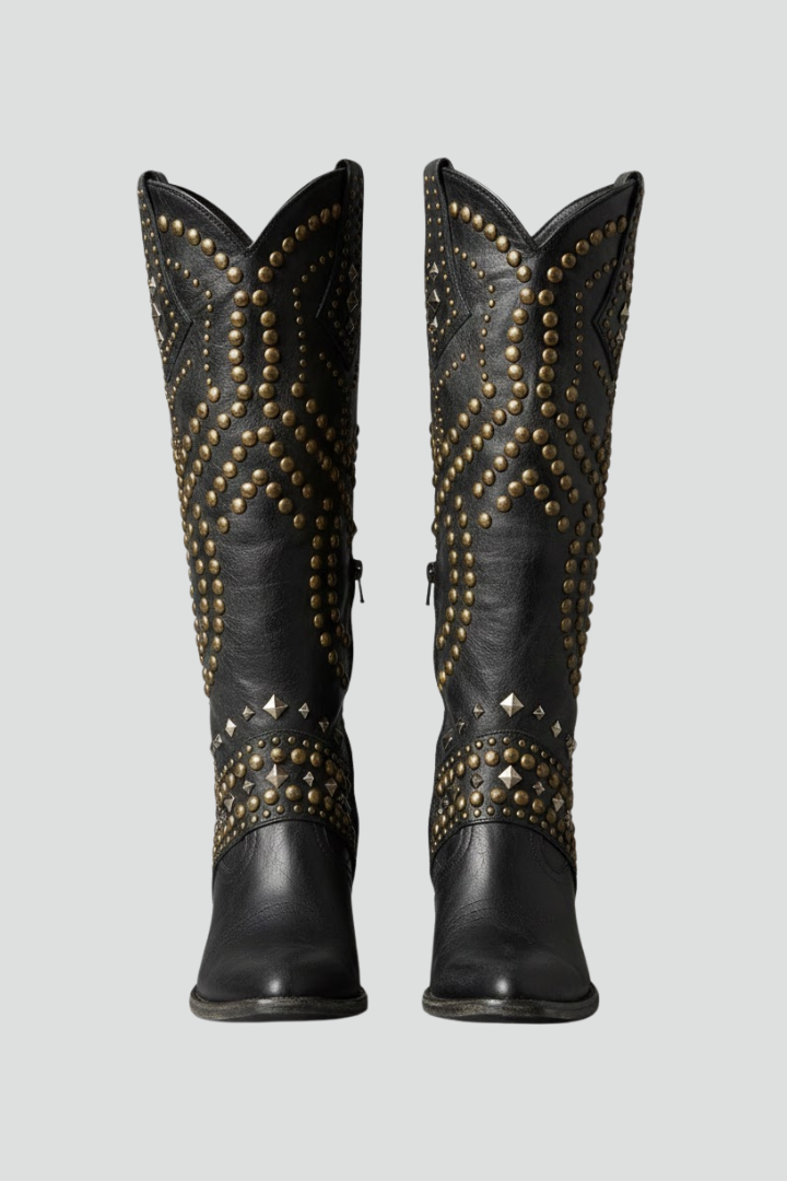 Women’s High-Cut Boots with Chunky Heel and Rivet Detail