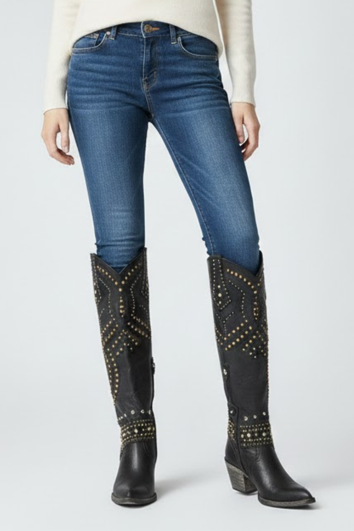 Women’s High-Cut Boots with Chunky Heel and Rivet Detail