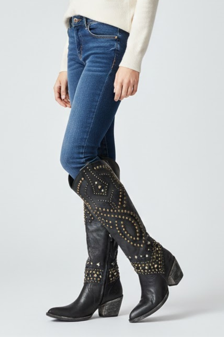 Women’s High-Cut Boots with Chunky Heel and Rivet Detail