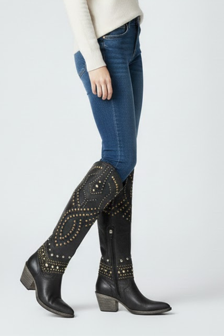 Women’s High-Cut Boots with Chunky Heel and Rivet Detail
