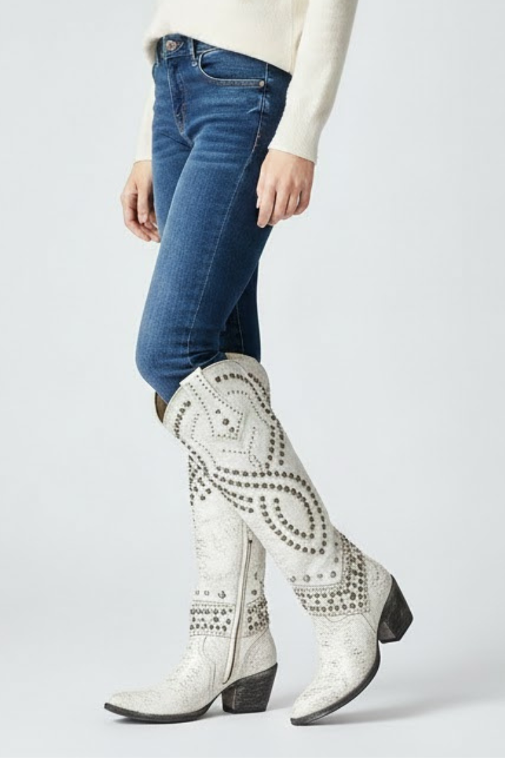 Women’s High-Cut Boots with Chunky Heel and Rivet Detail