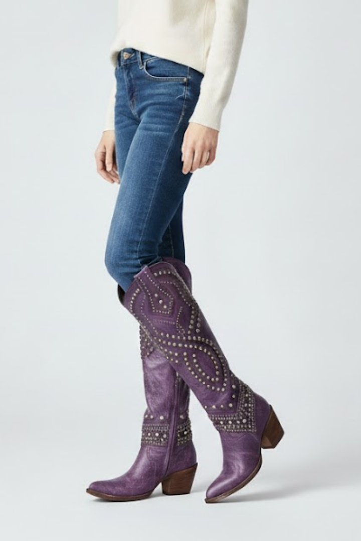 Women’s High-Cut Boots with Chunky Heel and Rivet Detail