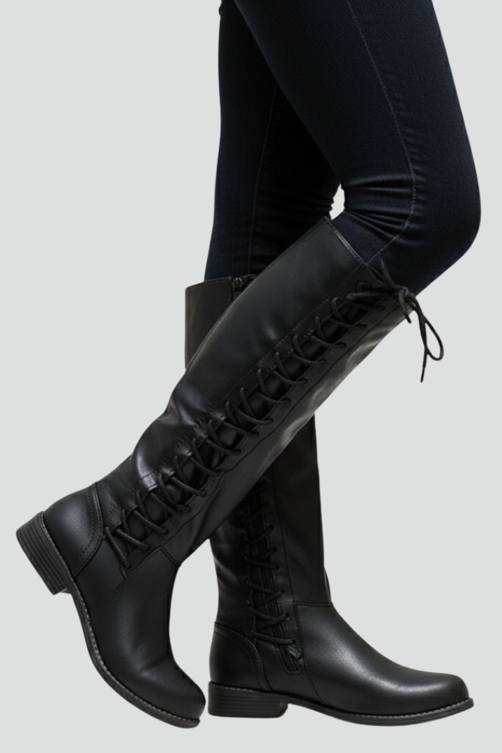 Women’s Knee Boots with Lace Front and Plain Upper