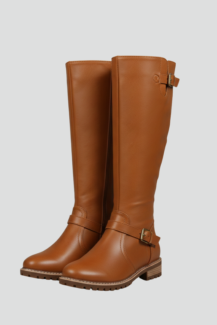 Women’s Knee Boots with Plain Upper and Buckle Detail