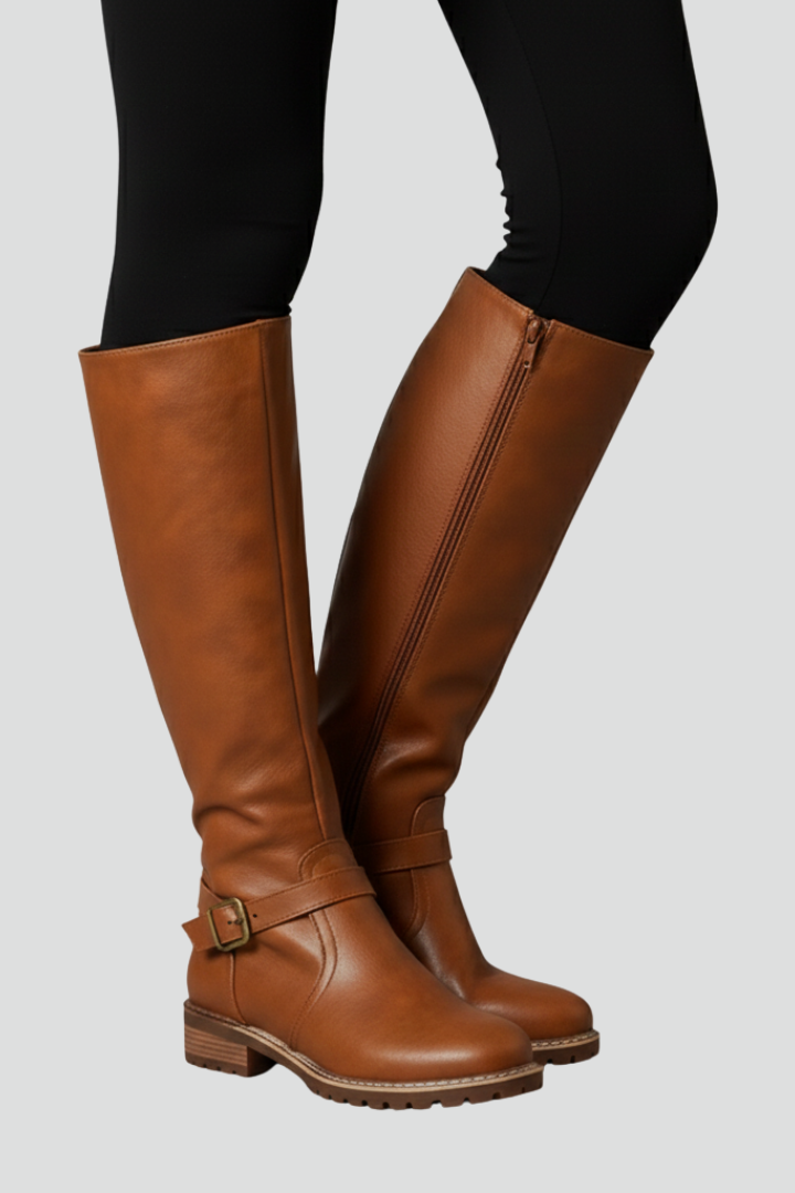 Women’s Knee Boots with Plain Upper and Buckle Detail