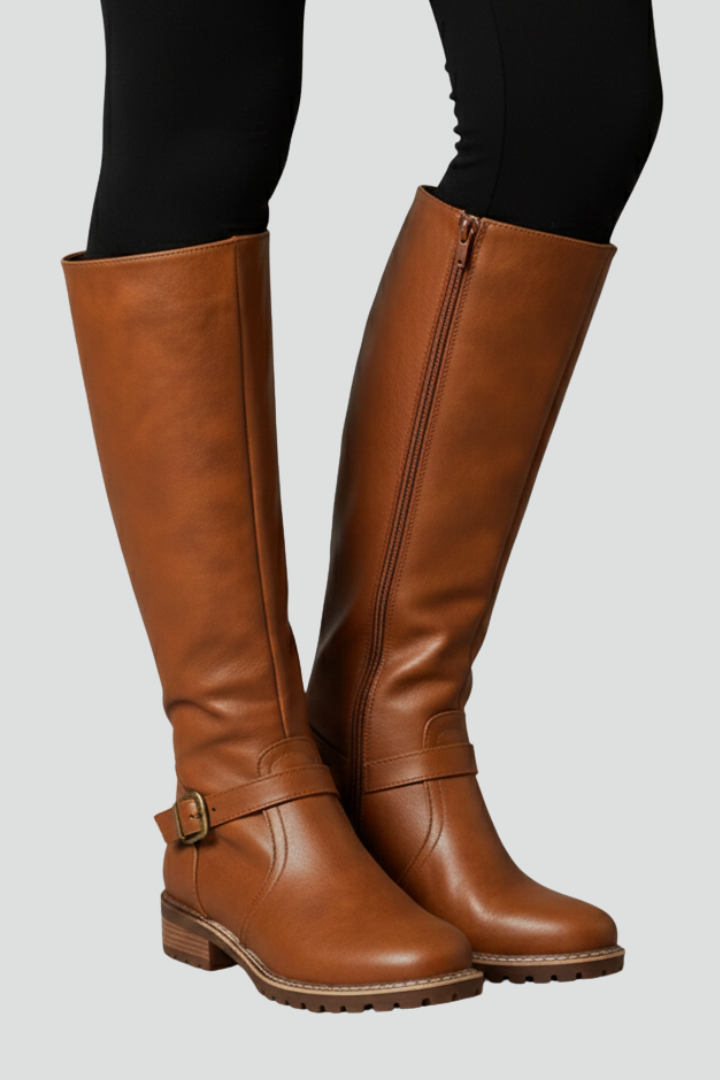 Women’s Knee Boots with Plain Upper and Buckle Detail