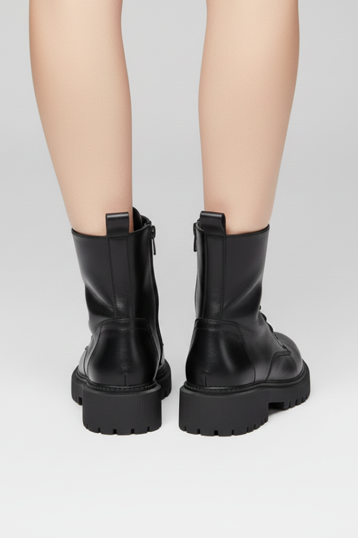 Women’s Lace-Up Boots with Side Zipper and Chunky Sole