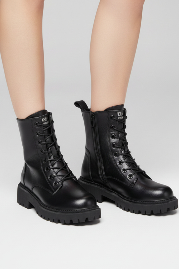 Women’s Lace-Up Boots with Side Zipper and Chunky Sole